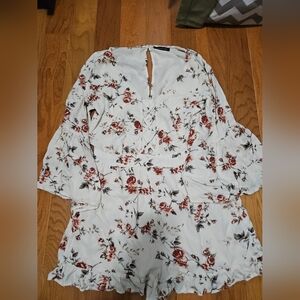 American Eagle White Floral Jumpsuit with Red Print